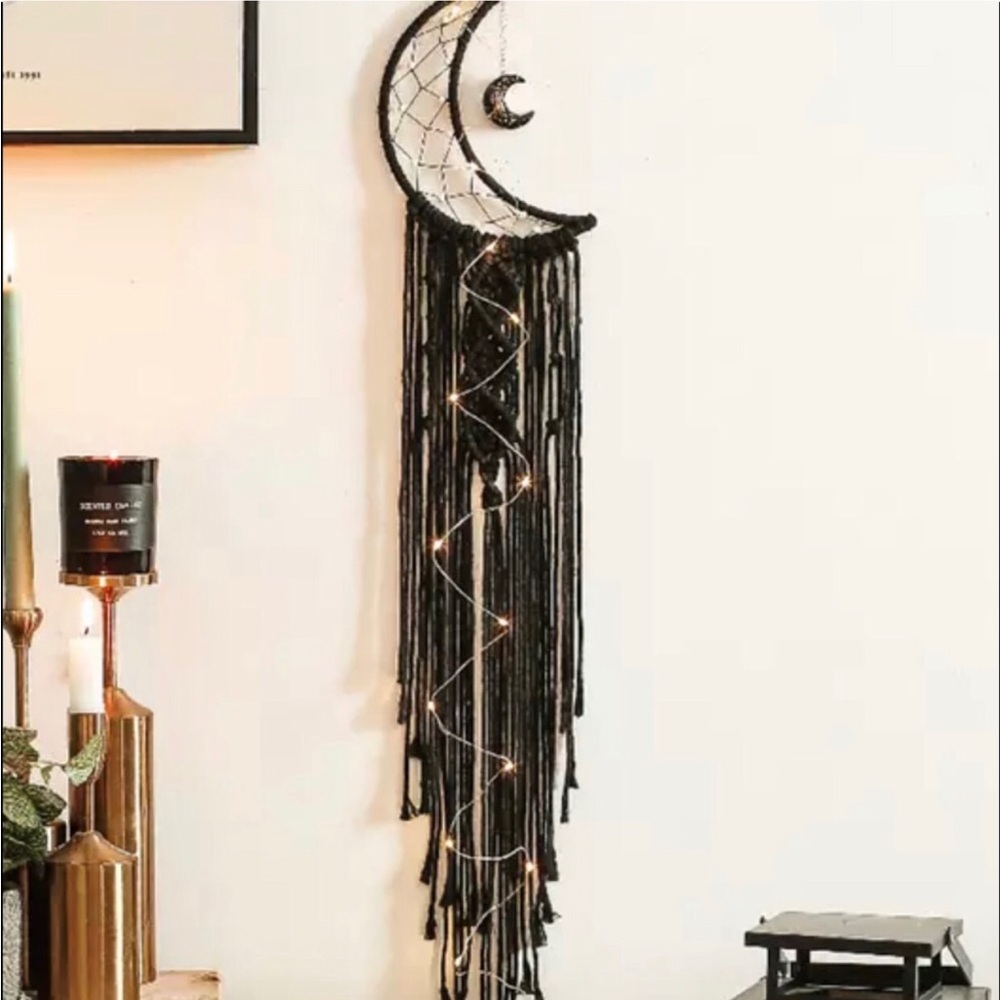 Black Crescent Moon Macrame Wall Hanging with Lights